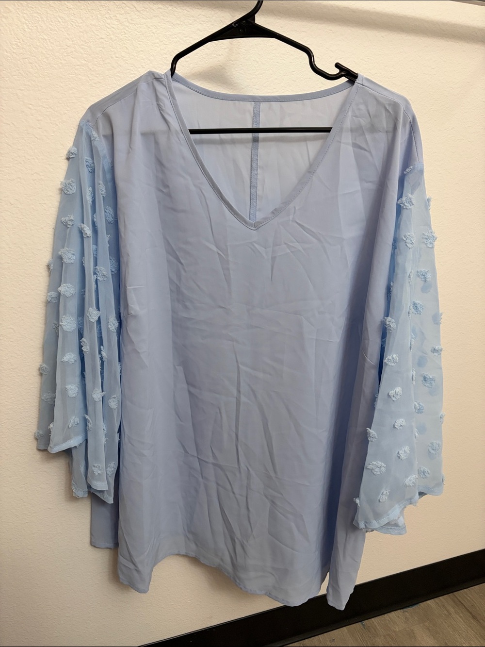 SHEIN Light Blue V-Neck Tunic with Pom-Pom Sheer Sleeves